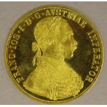 Austrian 4 Ducat Gold Coin, 1915 (re-strike) Fineness: 0.986 Weight: approx 14gm, Diameter: 39 mm