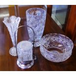 Good large cut crystal vase H26cm approx, together with a cut crystal vase, pickle jar and a bowl