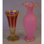 Victorian ruby flash and gilt Moser style vase together with a Victorian pink satin glass vase,