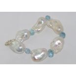 Baroque pearl and aquamarine bracelet with silver bolt clasp