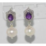 Pearl and amethyst earrings set in silver