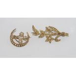 Two vintage gold and seed pearl flower brooches one marked 15ct the other 14K, total weight: