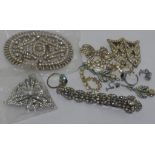 Impressive rhinestone buckle and dress clip together with various other vintage rhinestone items