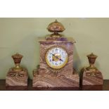 Antique French marble clock garniture with 8 day striking movement (bell) in marble case (24cm wide,
