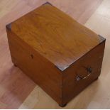 Vintage teak campaign box on four bun feet with brass fittings and handles, W46cm X D32cm X H33cm