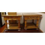 Pair of 2 tier side tables with drawer, inlaid top and woven case bottom shelves, 64cm x 64cm,