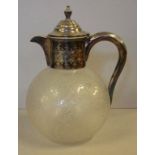 Edwardian silver plated claret jug with ornate glass, 20cm high approx.