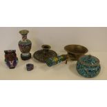 Six oriental enamel and cloisonne items including a sterling silver lidded jar 9cm diameter, a