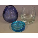 Two Holmegaard glass vases 16cm high (blue vase) & an ashtray