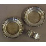 Two silver pin dishes stamped 800 & a sterling silver napkin ring