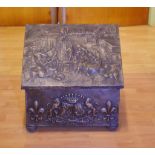 Antique fireside box with pressed brass exterior, 48cm wide, 46cm high