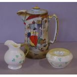 Burleigh ware "The leather bottle" lidded jug together with a Belleek "shamrock" sugar and creamer