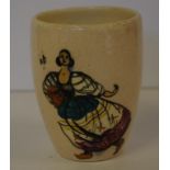 Martin Boyd Australian pottery beaker decorated with Spanish lady to one side and floral the other,