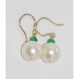 Pearl and emerald earrings with 9ct yellow gold hooks