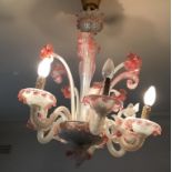 Murano 6 branch chandelier in pink & opaline glass