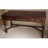 Inlaid rosewood table with stretcher base, 140cm wide, 54cm deep, 73cm high