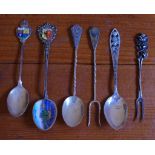 Four sterling silver coffee/tea souvenir spoons together with 2 pickle forks