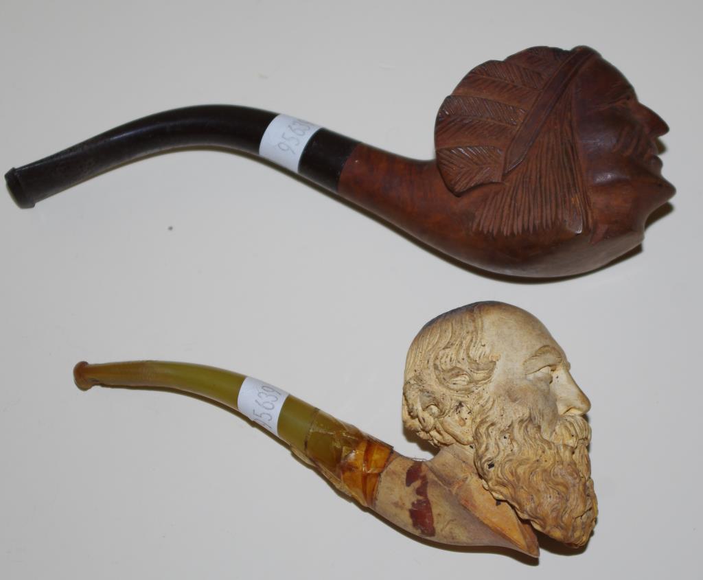 Antique Meerschaum pipe (a/f) together with a carved wooden one