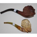 Antique Meerschaum pipe (a/f) together with a carved wooden one