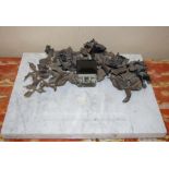 Belgian ironwork ink stand with marble base and glass inkwell