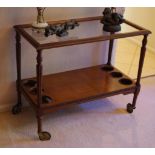 Good vintage drinks trolley with inset glass top, timber bottom shelf with holes for bottles