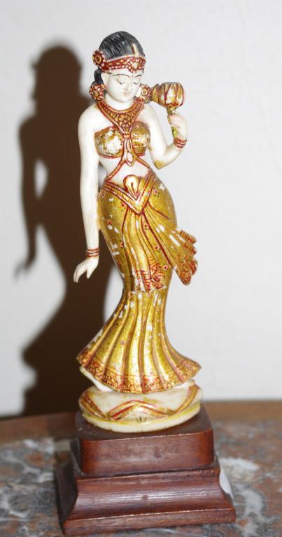 Vintage painted carved ivory Indian figure of a lady in golden dress, 13cm high. (not including