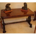 Good antique rosewood library table with turned stretcher base, 120cm by 65cm, 70cm high