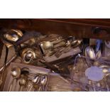 Drawer of various silver plate cutlery spoon & fork set, soup ladle etc