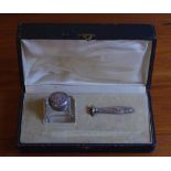 Cased sterling silver seal / desk set pen missing.