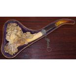 Large antique Meersham pipe with amber mouth piece, bowl in the form of Bacchus. 37cm long, in
