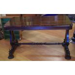 William IV rosewood library table with lyre ends joined by a fluted turned stretcher, 121cm x