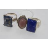 Two rings set with lapis lazuli size: U/10 and Q-R/8 together with a silver and quartz ring size: