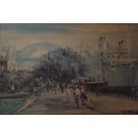 J Hanson, Circular Quay scene oil on board, signed lower right, 41cm x 59cm approx.