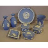 Quantity of Wedgwood Jasperware items 3 vases, 3 lidded trinket boxes, 1 display plate and a dish