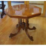 Late Victorian walnut centre table with inlaid burl walnut top supported by a birdcage pedestal