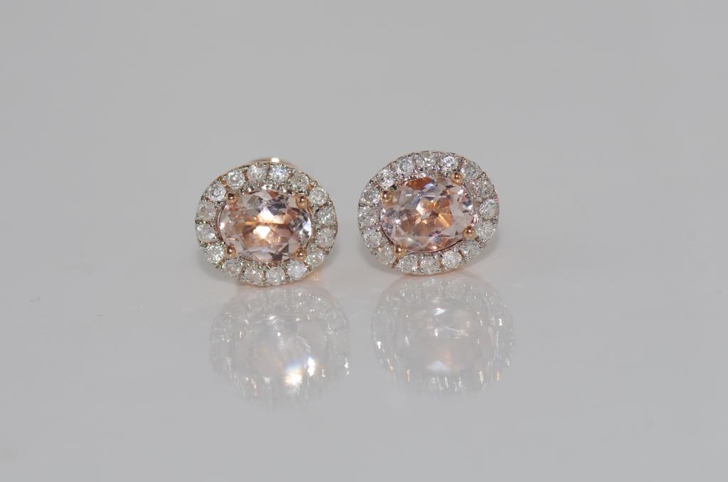 18ct rose gold, morganite and diamond earrings oval morganite = 1.13ct, diamonds = 31pts, weight: