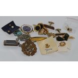 Various vintage badges, cufflinks, tie clips etc Four vintage pairs of cufflinks including garnet,