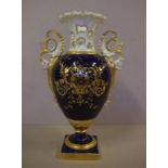 Ridgway blue ground urn with ornate gilded handles and pierced neck, circa 1835, 26.5cm high