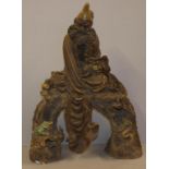 Large Chinese seated scholar on a branch sculpture with lucky feng shui wealth toad with coin,