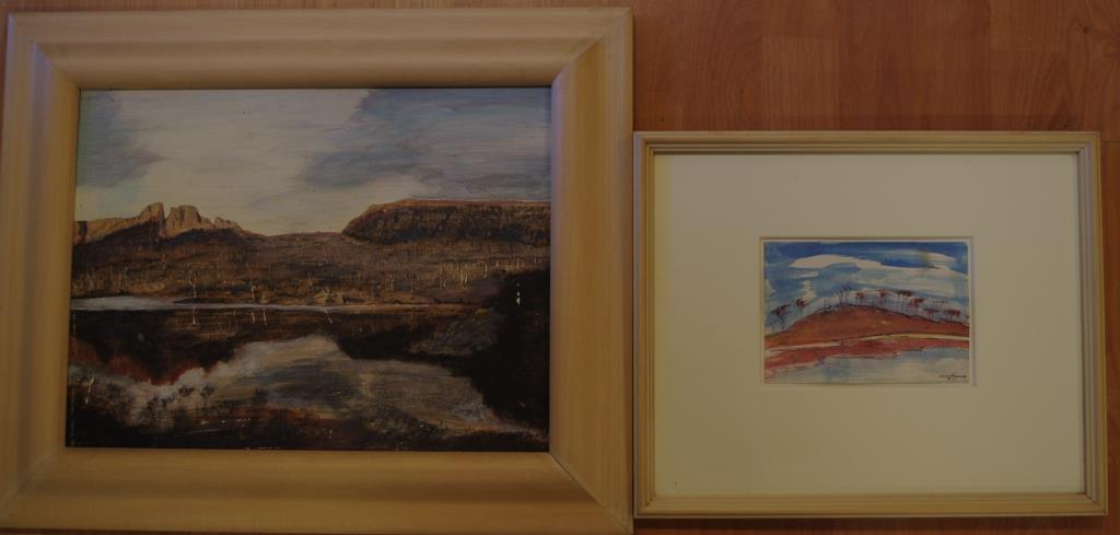 Artist unknown, Tasmanian landscape acrylic on board, signed lower right, 29cm x 39cm approx.