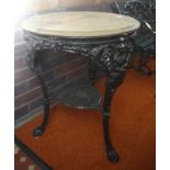 Cast iron outdoor table with timber top, 61cm diameter, 74cm high approx