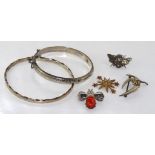 Two silver bracelets with various brooches including silver gumnut, bee and 15ct gold clip (as