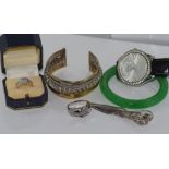 White gold plated, stone set ring together with guess watch, cuff, green glass bangle, elephant book
