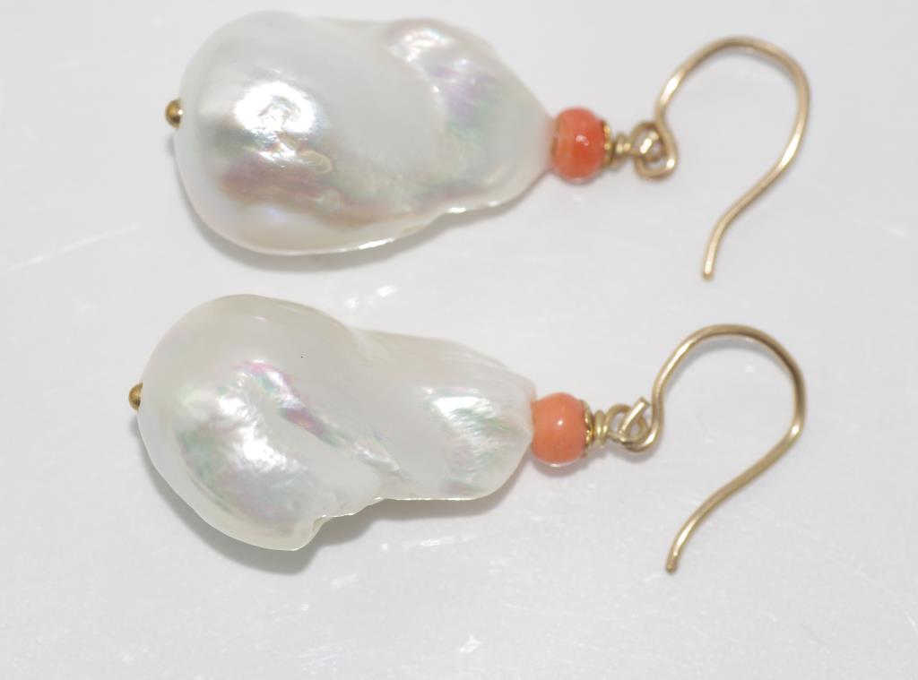 Baroque pearl and coral earrings 9ct yellow gold hooks