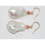 Baroque pearl and coral earrings 9ct yellow gold hooks
