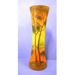 Legras French Nouveau art glass vase tapered cylindrical form with etched and enameled river