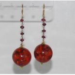 Honey amber and garnet earrings with 9ct gold hooks