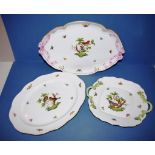 Two Herend Rothschild serving platters 40cm wide approx.& a two handled cake plate