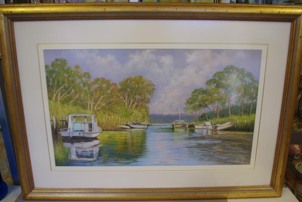 Margaret Looney, Reflections Sussex Inlet pastel, signed lower right, 41cm x 70cm approx. - Image 2 of 2