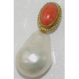 South sea baroque pearl pendant with coral and gilt fittings and a 9ct gold bale